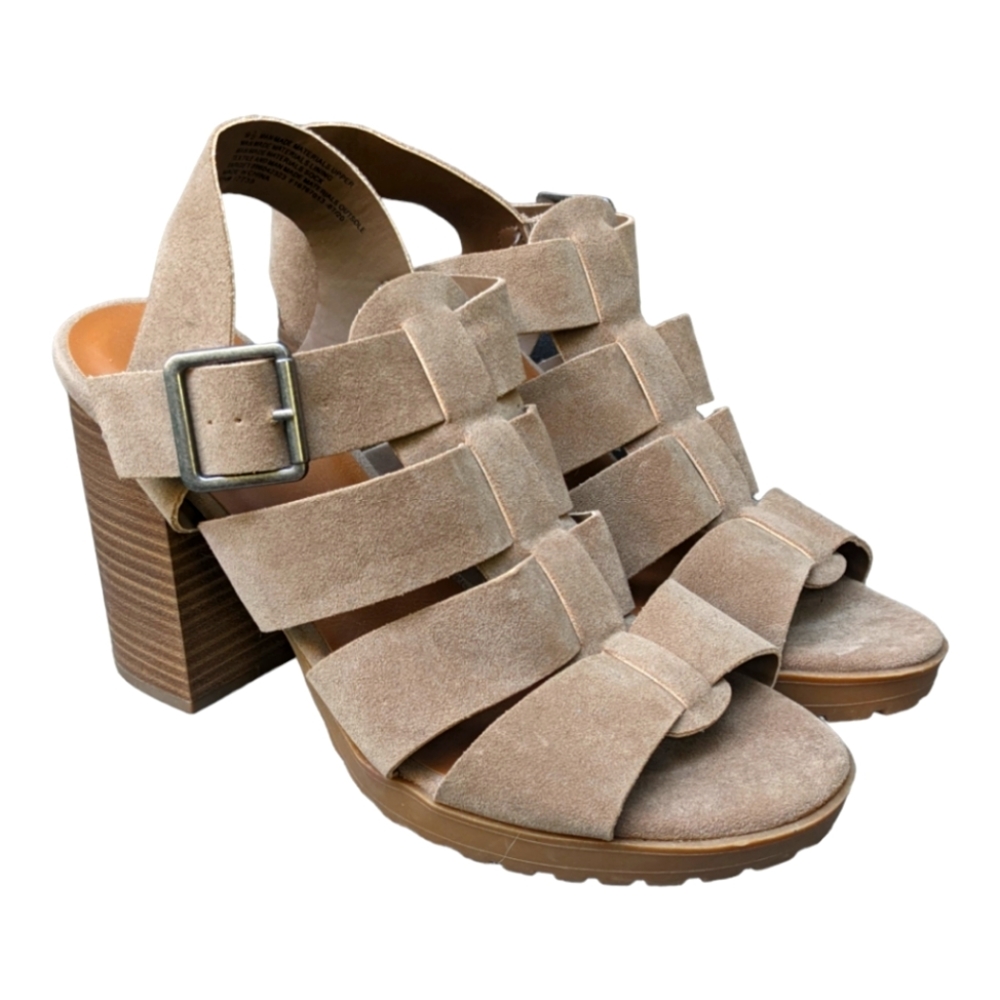 Tan brown nude suede stack heels NEAR NEW buckle sandals 9.5 Universal Thread - Picture 1 of 7